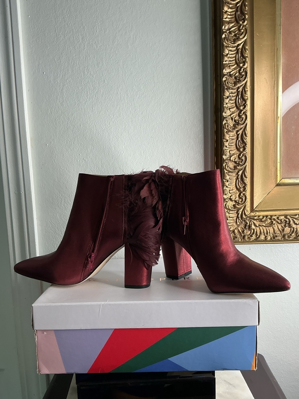 Katy Perry Collections Metallic Burgundy Ankle Boots with Feather Heel - Picture 5 of 9